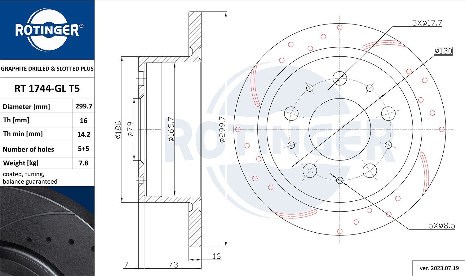 ROTINGER RT 1744-GL T5: Féktárcsa GRAPHITE DRILLED & SLOTTED PLUS hátsótengely, Ø: 299,7mm, tele, Lyuggatott, Ø: 299,7mm, galvanikus bevonattal