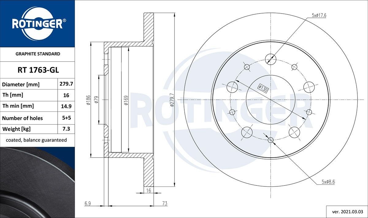 ROTINGER RT 1763-GL: Stabdžių diskas GRAPHITE LINE galinė ašis, Ø: 280mm, visiškai, Ø: 280mm, dirbtinai padengtas