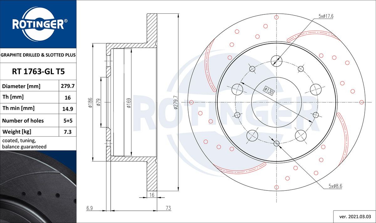 ROTINGER RT 1763-GL T5: Féktárcsa GRAPHITE DRILLED & SLOTTED PLUS hátsótengely, Ø: 280mm, tele, Lyuggatott, Ø: 280mm, galvanikus bevonattal