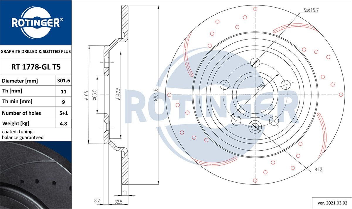 ROTINGER RT 1778-GL T5: Bromsskiva GRAPHITE DRILLED & SLOTTED PLUS Bakaxel, Ø: 301,6mm, full, hålad, Ø: 301,6mm, Galvaniserad
