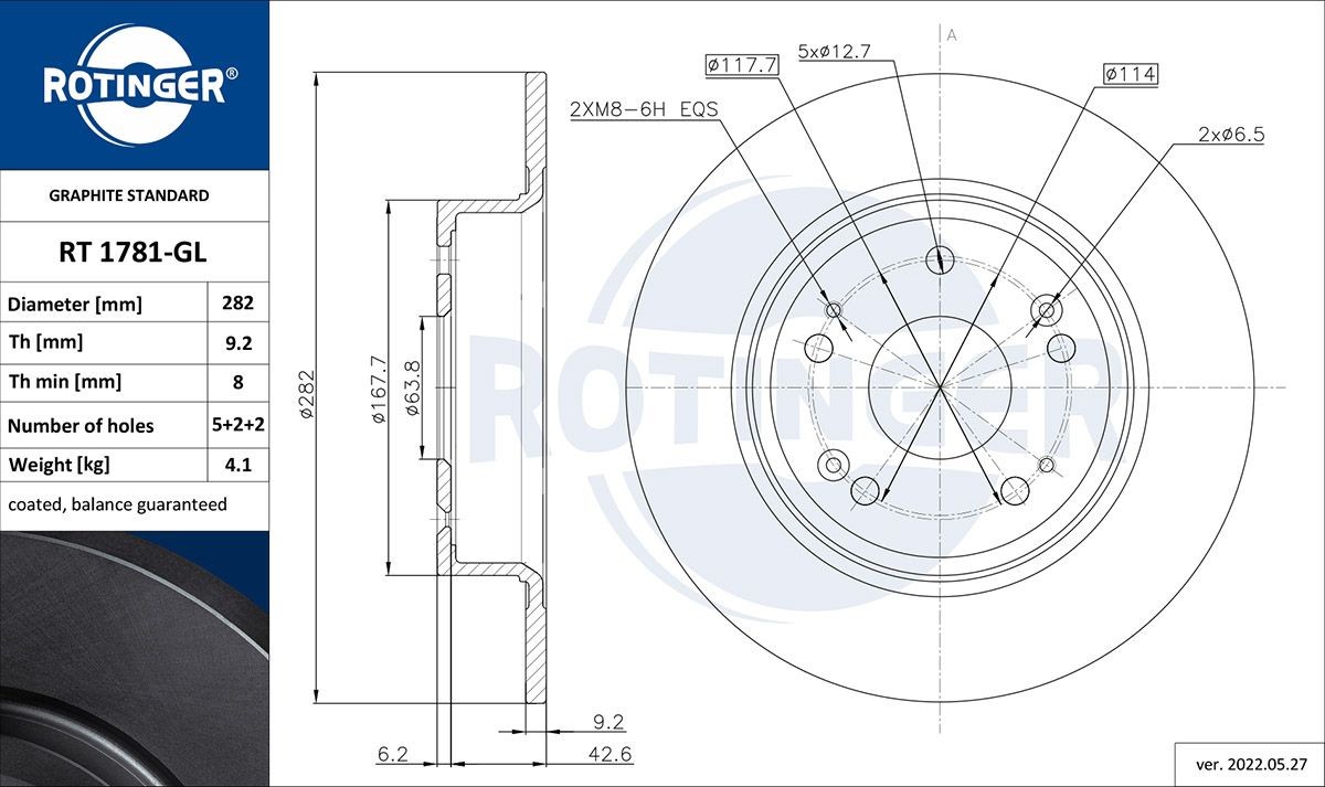 ROTINGER RT 1781-GL: Disco de freno GRAPHITE LINE Eje trasero, Ø: 282mm, macizo, Ø: 282mm, con revestimiento galvánico