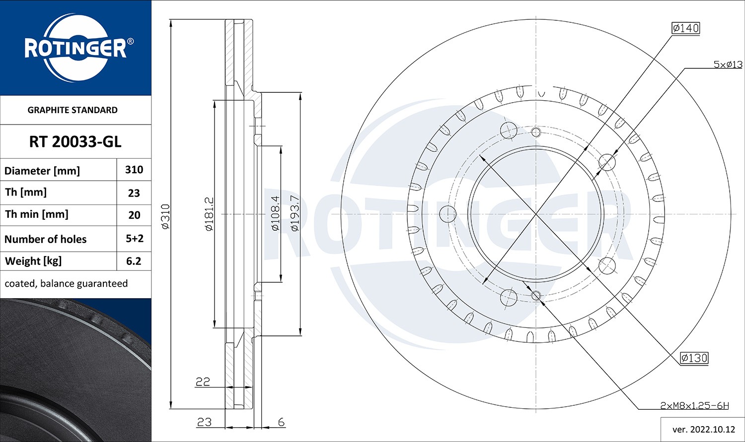 ROTINGER RT 20033-GL: Disco de freno GRAPHITE LINE Eje delantero, Ø: 310mm, ventilado, Ø: 310mm, con revestimiento galvánico