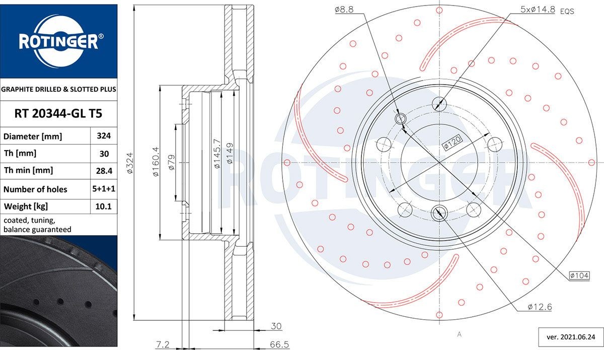 ROTINGER RT 20050-GL T5: Piduriketas GRAPHITE DRILLED & SLOTTED PLUS Esisild, Ø: 324mm, perforeeritud, õhutusega, Ø: 324mm, tsingitud