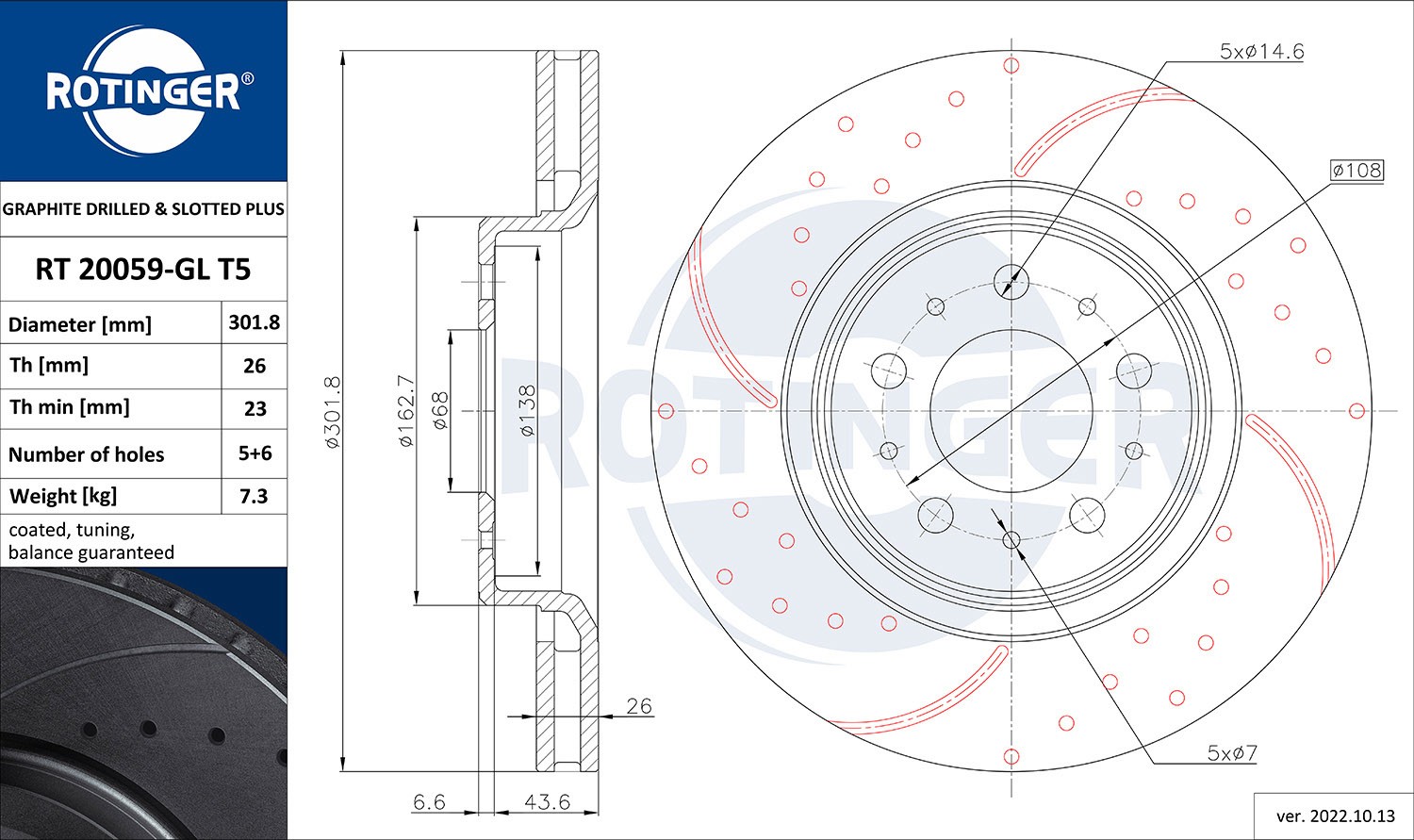 ROTINGER RT 20059-GL T5: Disco de freno GRAPHITE DRILLED & SLOTTED PLUS Eje delantero, Ø: 302mm, perforado, ventilado, Ø: 302mm, con revestimiento galvánico