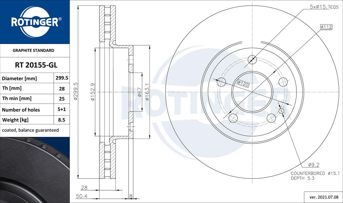 ROTINGER RT 20155-GL: Piduriketas GRAPHITE LINE Esisild, Ø: 299,5mm, õhutusega, Ø: 299,5mm, tsingitud