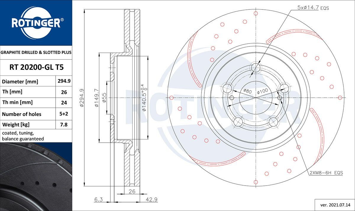 ROTINGER RT 20200-GL T5: Piduriketas GRAPHITE DRILLED & SLOTTED PLUS Esisild, Ø: 295mm, perforeeritud, õhutusega, Ø: 295mm, tsingitud