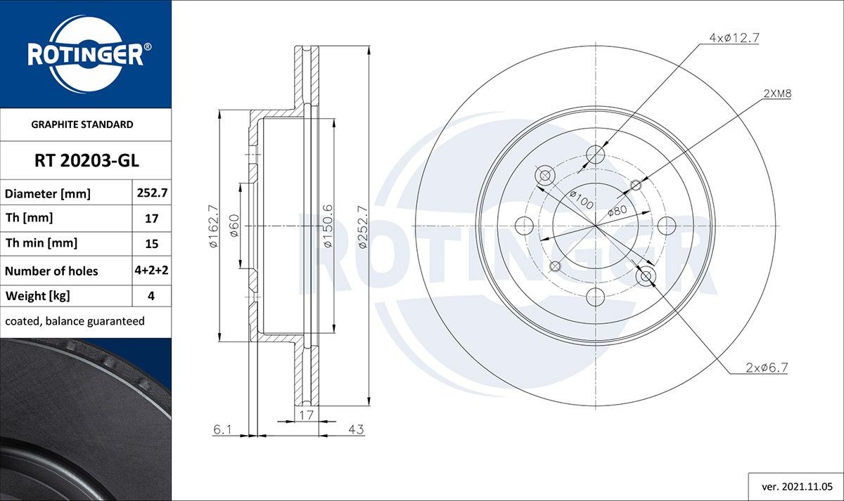 ROTINGER RT 20203-GL: Tarcza hamulcowa GRAPHITE LINE Oś przednia, Ø: 253[mm], wentylowany, Ø: 253[mm], pokrywany galwanicznie