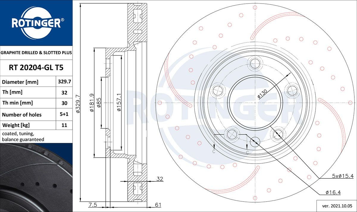 ROTINGER RT 20204-GL T5: Piduriketas GRAPHITE DRILLED & SLOTTED PLUS esisild vasakul, Ø: 329,7mm, perforeeritud, õhutusega, Ø: 329,7mm, tsingitud