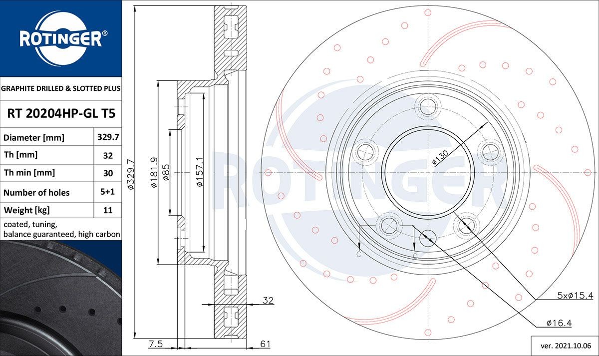 ROTINGER RT 20204HP-GL T5: Piduriketas GRAPHITE DRILLED & SLOTTED PLUS esisild vasakul, Ø: 329,7mm, perforeeritud, õhutusega, Ø: 329,7mm, tsingitud