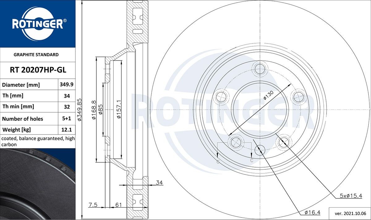 ROTINGER RT 20207HP-GL: Stabdžių diskas GRAPHITE LINE priekinė ašis, dešinė, Ø: 349,7mm, ventiliuojama, Ø: 349,7mm, dirbtinai padengtas