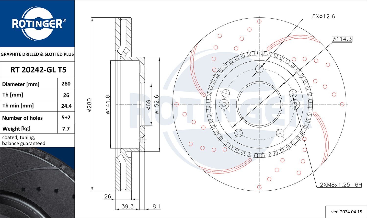 ROTINGER RT 20242-GL T5: Bremseskive GRAPHITE DRILLED & SLOTTED PLUS foraksel, Ø: 280mm, hullet, ventileret, Ø: 280mm, galvanisk belagt