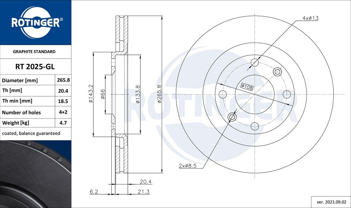 ROTINGER RT 2025-GL: Piduriketas GRAPHITE LINE Esisild, Ø: 265,8mm, õhutusega, Ø: 265,8mm, tsingitud