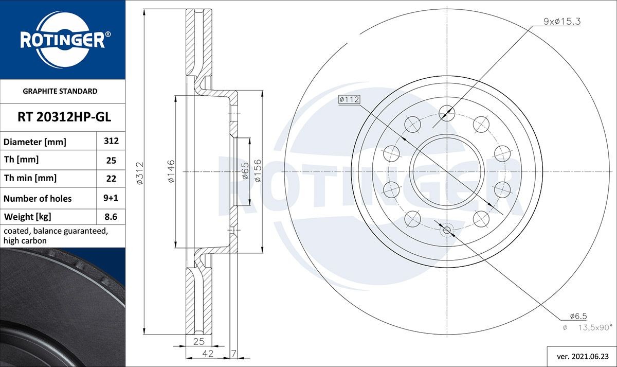 ROTINGER RT 20312HP-GL: Piduriketas GRAPHITE LINE Esisild, Ø: 312mm, õhutusega, Ø: 312mm, tsingitud