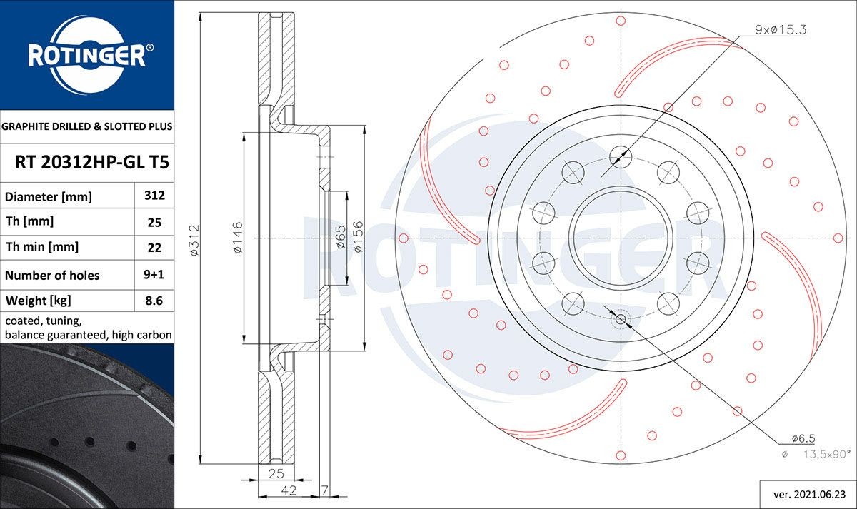 ROTINGER RT 20312HP-GL T5: Piduriketas GRAPHITE DRILLED & SLOTTED PLUS Esisild, Ø: 312mm, perforeeritud, õhutusega, Ø: 312mm, tsingitud