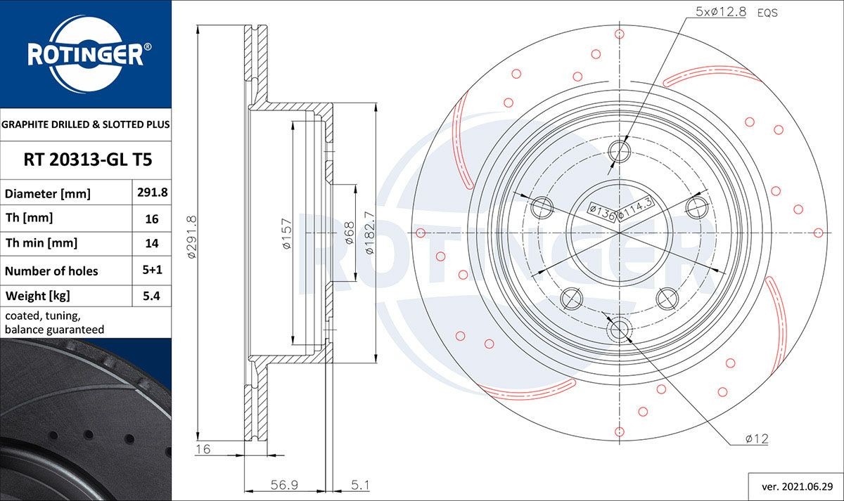 ROTINGER RT 20313-GL T5: Disco de freno GRAPHITE DRILLED & SLOTTED PLUS Eje trasero, Ø: 291,8mm, perforado, ventilado, Ø: 291,8mm, con revestimiento galvánico