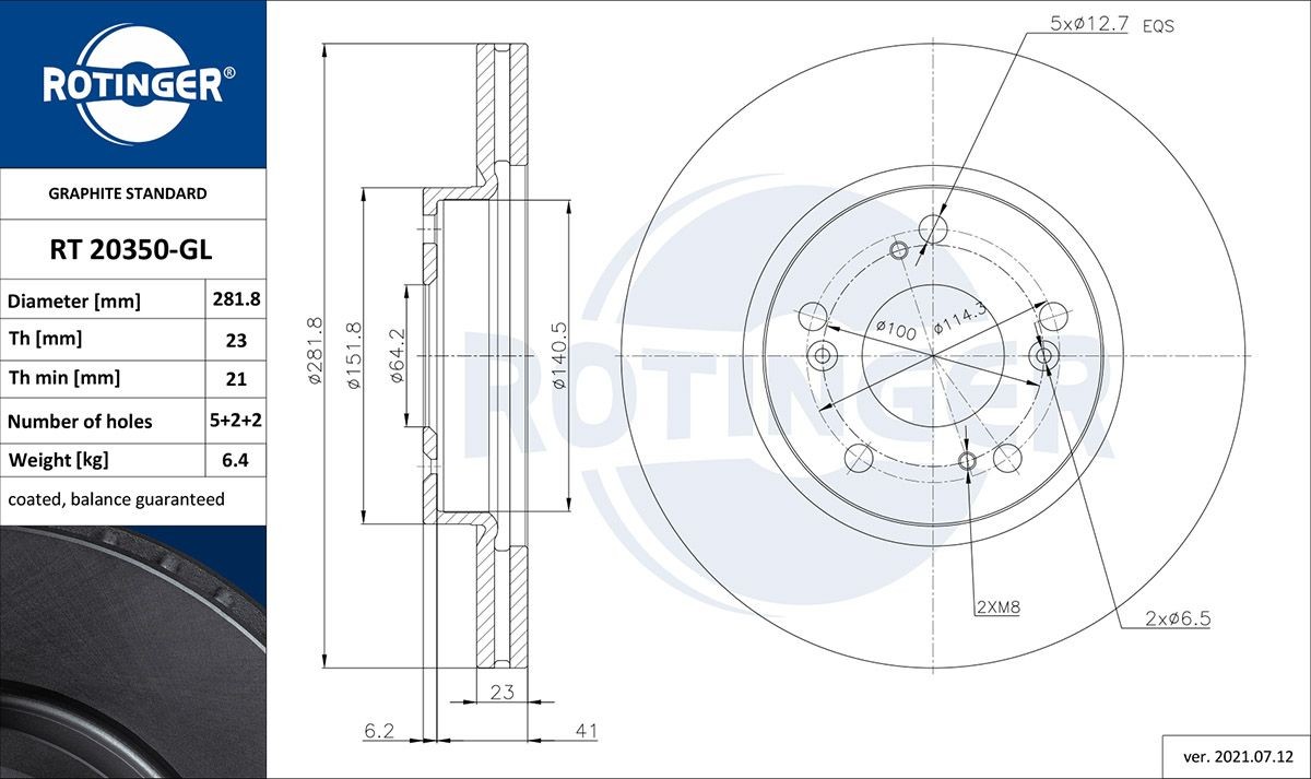 ROTINGER RT 20350-GL: Féktárcsa GRAPHITE LINE elsőtengely, Ø: 282mm, Szellőztetett, Ø: 282mm, galvanikus bevonattal