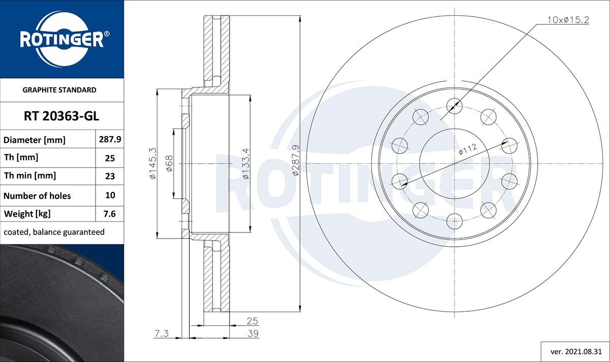 ROTINGER RT 20363-GL: Piduriketas GRAPHITE LINE Esisild, Ø: 288mm, õhutusega, Ø: 288mm, tsingitud