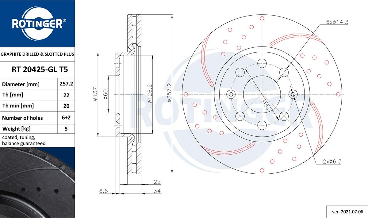ROTINGER RT 20425-GL T5: Brzdový kotúč GRAPHITE DRILLED & SLOTTED PLUS predna naprava, Ø: 257mm, dierovany, vetraný, Ø: 257mm, galvanicky upravené