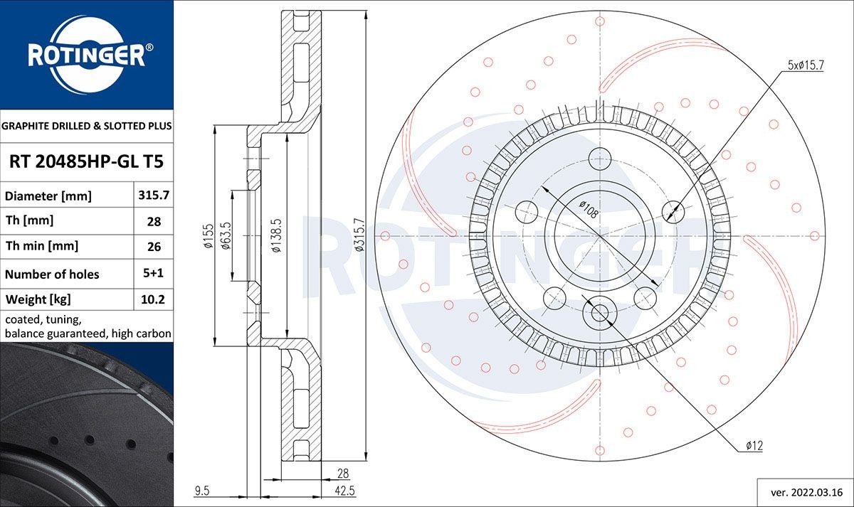 ROTINGER RT 20485HP-GL T5: Disco de freno GRAPHITE DRILLED & SLOTTED PLUS Eje delantero, Ø: 316mm, perforado, ventilado, Ø: 316mm, con revestimiento galvánico