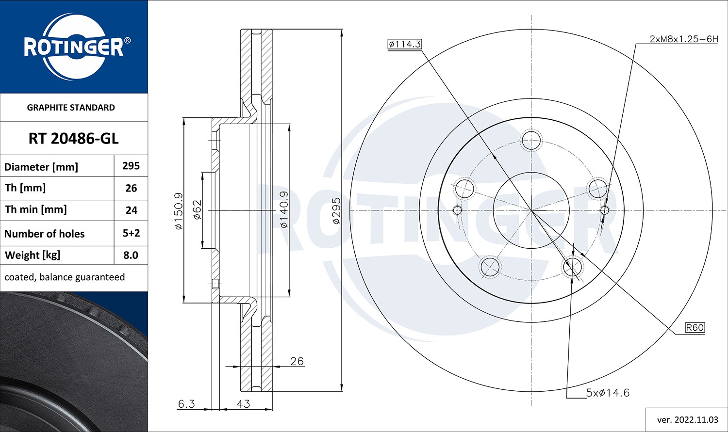 ROTINGER RT 20486-GL: Bromsskiva GRAPHITE LINE framaxel, Ø: 295mm, ventilerad, Ø: 295mm, Galvaniserad