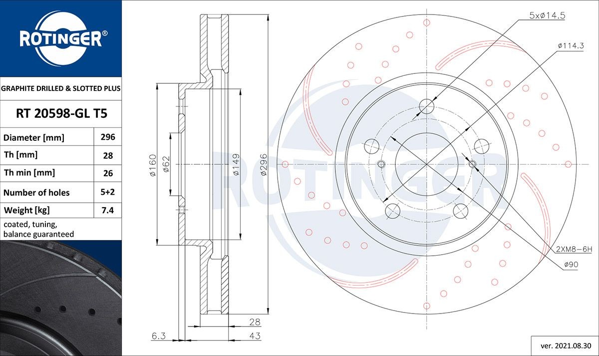 ROTINGER RT 20598-GL T5: Bromsskiva GRAPHITE DRILLED & SLOTTED PLUS framaxel, Ø: 296mm, hålad, ventilerad, Ø: 296mm, Galvaniserad