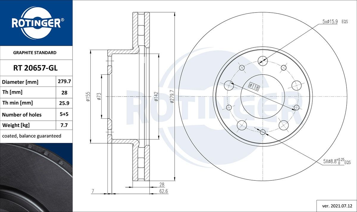 ROTINGER RT 20657-GL: Bremseskive GRAPHITE LINE foraksel, Ø: 280mm, ventileret, Ø: 280mm, galvanisk belagt