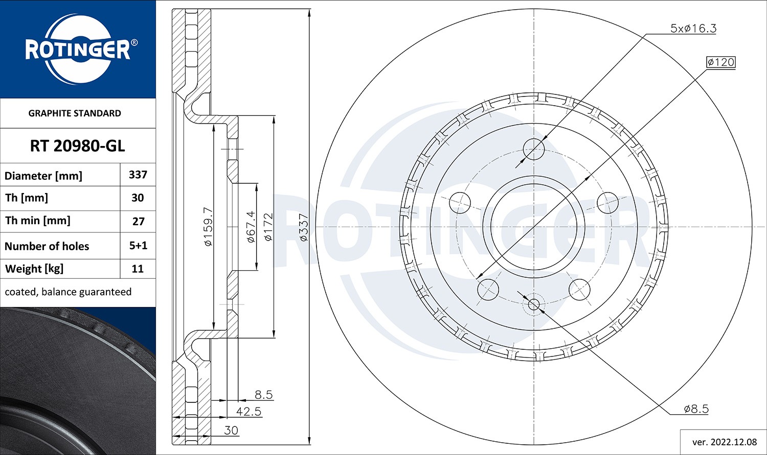 ROTINGER RT 20980-GL: Piduriketas GRAPHITE LINE Esisild, Ø: 337mm, õhutusega, Ø: 337mm, tsingitud