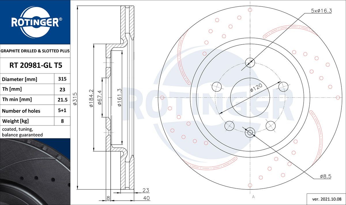 ROTINGER RT 20981-GL T5: Féktárcsa GRAPHITE DRILLED & SLOTTED PLUS hátsótengely, Ø: 315mm, Lyuggatott, Szellőztetett, Ø: 315mm, galvanikus bevonattal
