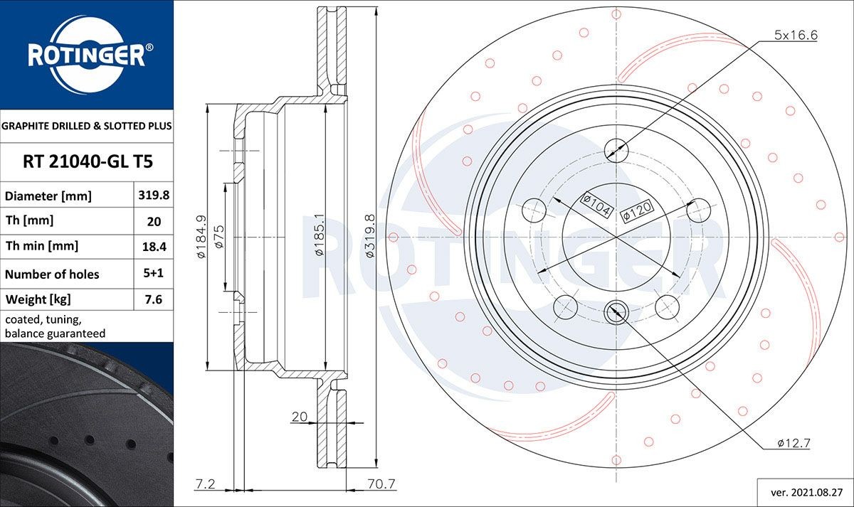 ROTINGER RT 21040-GL T5: Disco de freno GRAPHITE DRILLED & SLOTTED PLUS Eje trasero, Ø: 320mm, perforado, ventilado, Ø: 320mm, con revestimiento galvánico