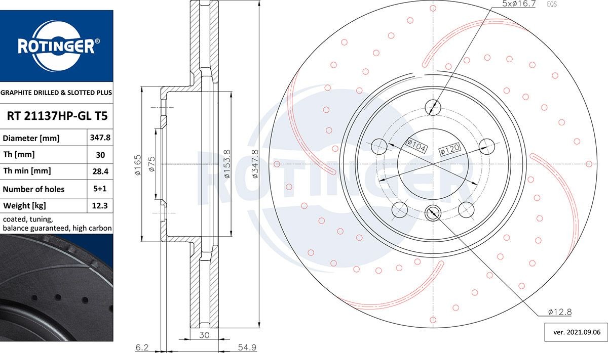 ROTINGER RT 21137HP-GL T5: Piduriketas GRAPHITE DRILLED & SLOTTED PLUS Esisild, Ø: 348mm, perforeeritud, õhutusega, Ø: 348mm, tsingitud