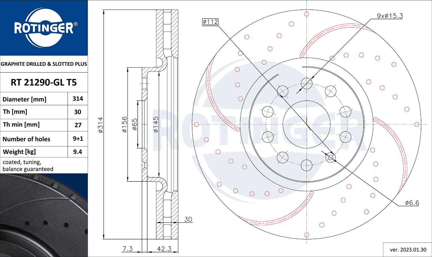 ROTINGER RT 21290-GL T5: Piduriketas GRAPHITE DRILLED & SLOTTED PLUS Esisild, Ø: 314mm, perforeeritud, õhutusega, Ø: 314mm, tsingitud