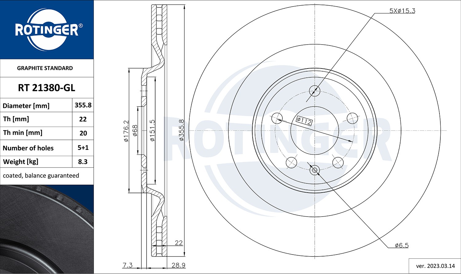 ROTINGER RT 21380-GL: Disc de frână GRAPHITE LINE puntea spate, Ř: 356mm, ventilat, Ř: 356mm, acoperit galvanic