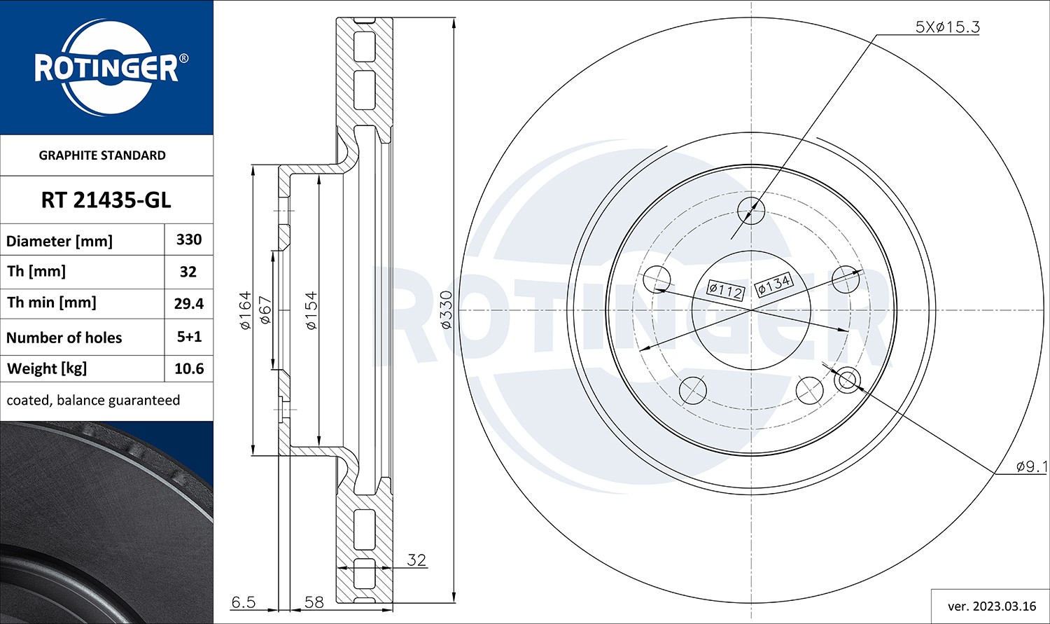 ROTINGER RT 21435-GL: Brzdový kotouč GRAPHITE LINE přední osa, R: 330mm, větráno, R: 330mm, galvanizováno
