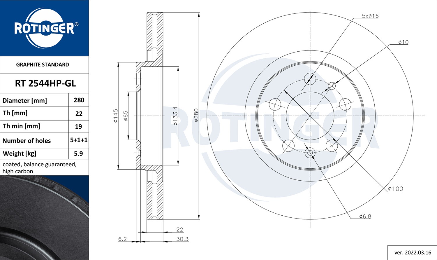ROTINGER RT 2544HP-GL: Stabdžių diskas GRAPHITE LINE priekinė ašis, Ø: 280mm, ventiliuojama, Ø: 280mm, dirbtinai padengtas