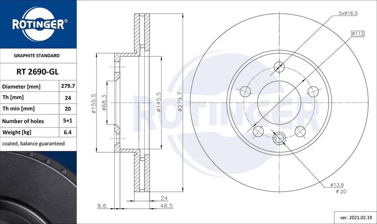 ROTINGER RT 2690-GL: Stabdžių diskas GRAPHITE LINE priekinė ašis, Ø: 280mm, ventiliuojama, Ø: 280mm, dirbtinai padengtas