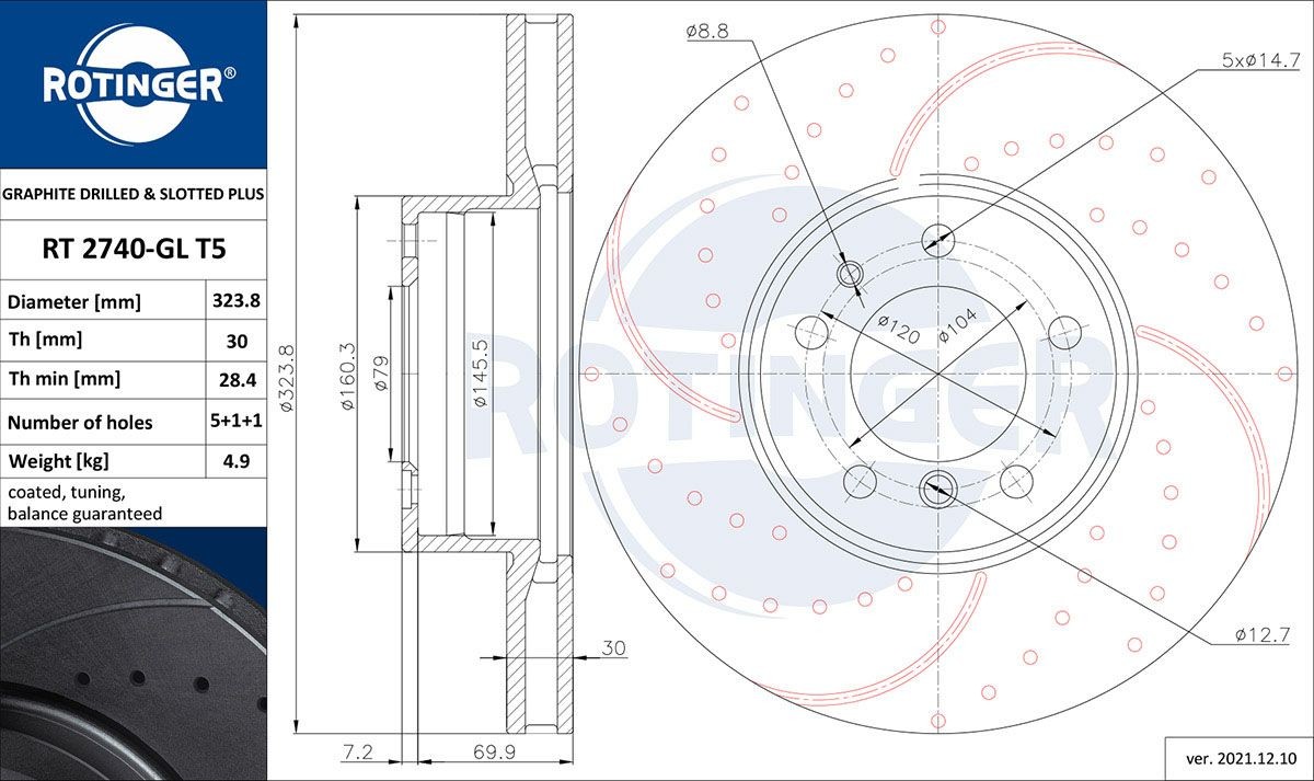 ROTINGER RT 2740-GL T5: Piduriketas GRAPHITE DRILLED & SLOTTED PLUS Esisild, Ø: 324mm, perforeeritud, õhutusega, Ø: 324mm, tsingitud