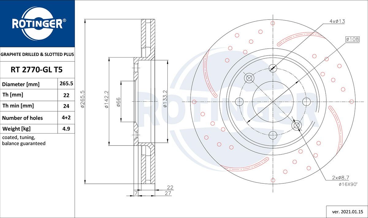 ROTINGER RT 2770-GL T5: Féktárcsa GRAPHITE DRILLED & SLOTTED PLUS elsőtengely, Ø: 265,5mm, Lyuggatott, Szellőztetett, Ø: 265,5mm, galvanikus bevonattal