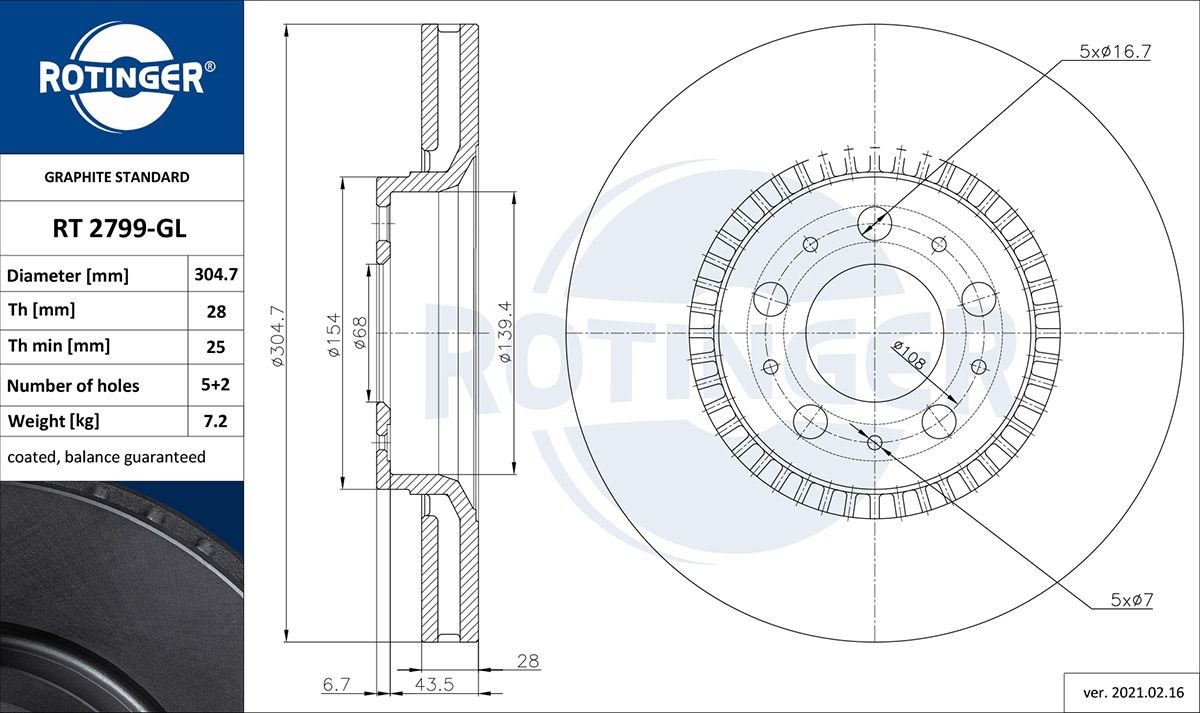 ROTINGER RT 2799-GL: Brzdový kotouč GRAPHITE LINE přední osa, R: 304,7mm, větráno, R: 304,7mm, galvanizováno