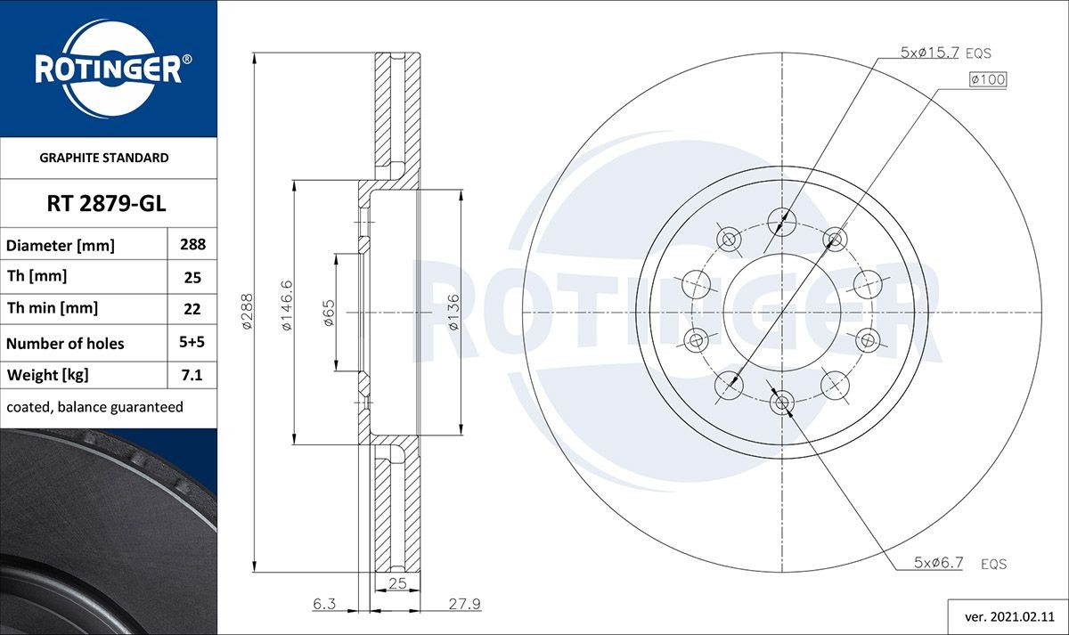 ROTINGER RT 2879-GL: Bremsscheibe GRAPHITE LINE Vorderachse, Ø: 288mm, Belüftet, Ø: 288mm, galvanisch beschichtet