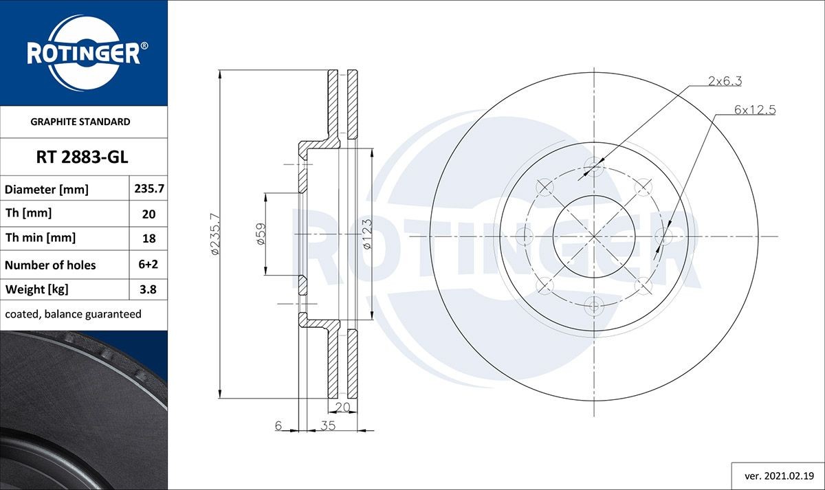 ROTINGER RT 2883-GL: Brzdový kotouč GRAPHITE LINE přední osa, R: 236mm, větráno, R: 236mm, galvanizováno