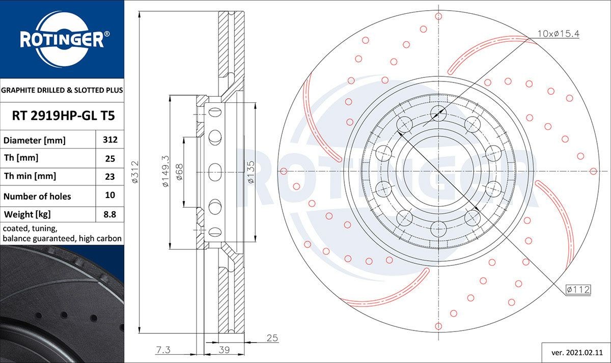 ROTINGER RT 2919HP-GL T5: Piduriketas GRAPHITE DRILLED & SLOTTED PLUS Esisild, Ø: 312mm, perforeeritud, õhutusega, Ø: 312mm, tsingitud