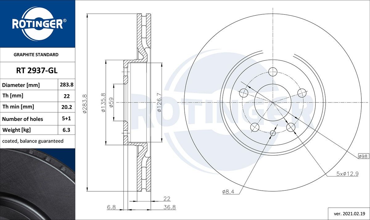 ROTINGER RT 2937-GL: Bremseskive GRAPHITE LINE foraksel, Ø: 284mm, ventileret, Ø: 284mm, galvanisk belagt