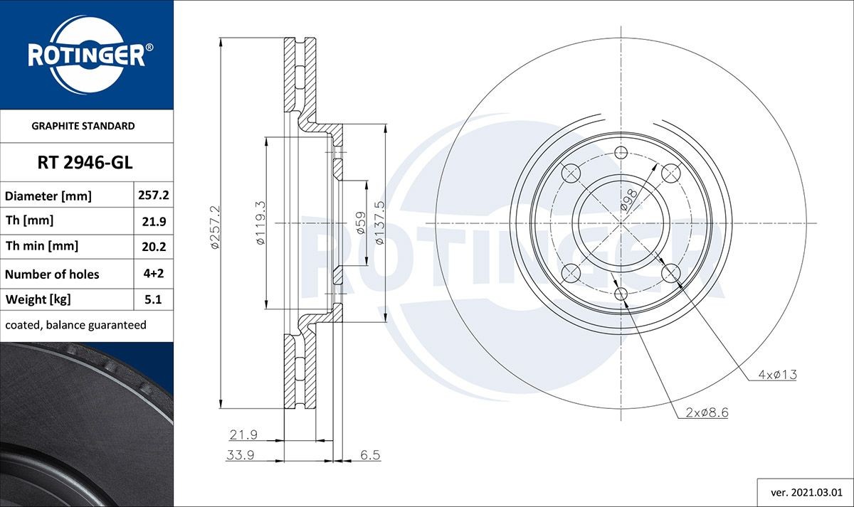 ROTINGER RT 2946-GL: Piduriketas GRAPHITE LINE Esisild, Ø: 257mm, õhutusega, Ø: 257mm, tsingitud