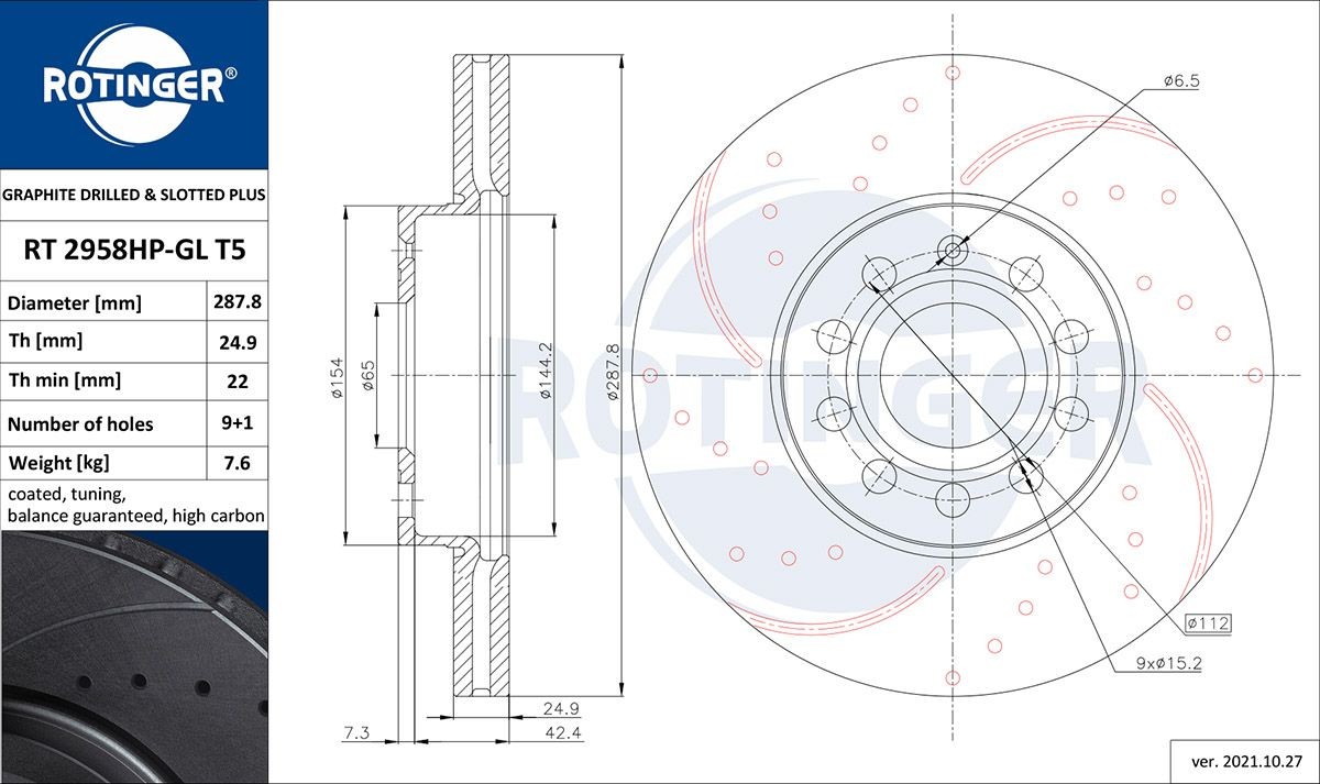 ROTINGER RT 2958HP-GL T5: Piduriketas GRAPHITE DRILLED & SLOTTED PLUS Esisild, Ø: 288mm, perforeeritud, õhutusega, Ø: 288mm, tsingitud