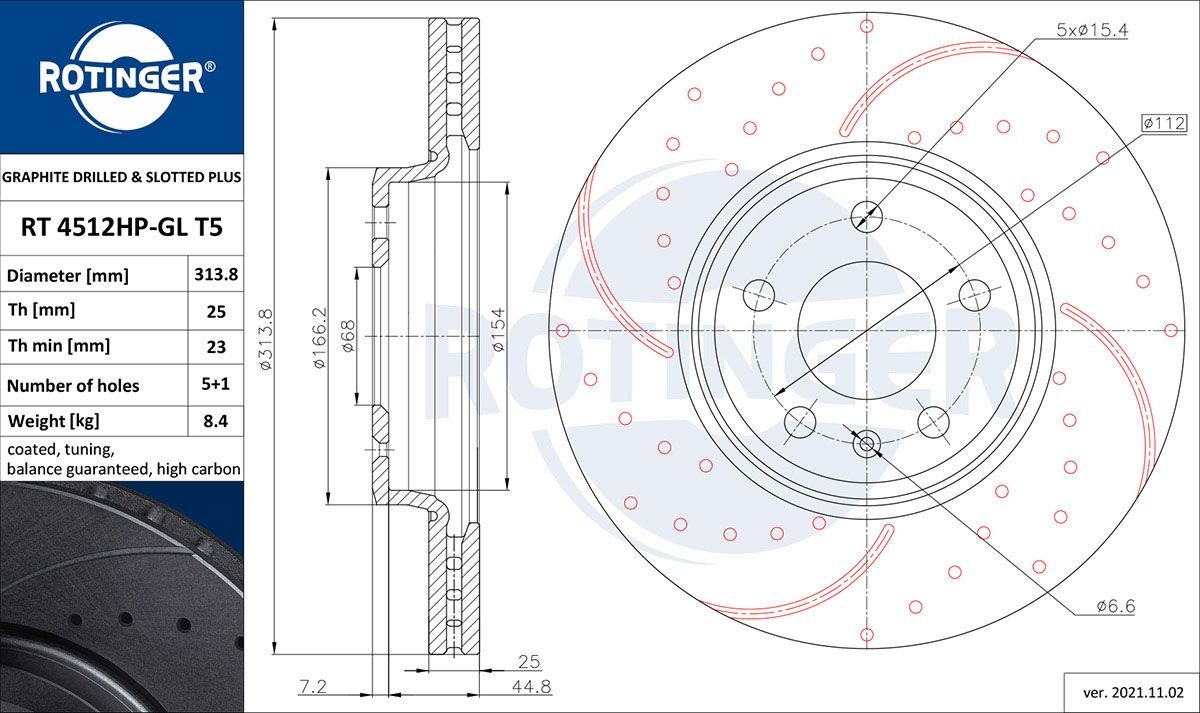 ROTINGER RT 4512HP-GL T5: Remschijf GRAPHITE DRILLED & SLOTTED PLUS Vooras, Ø: 313,8mm, Geperforeerd, Geventileerd, Ø: 313,8mm, Gegalvaniseerd