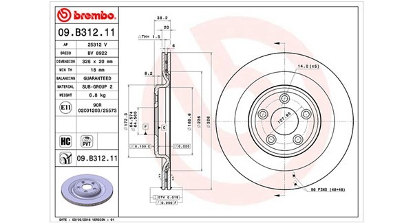MAGNETI MARELLI 360406111601: Bromsskiva Ø: 326mm, Invändigt ventilerad - vent. med droppformiga fläktvingar, Ø: 326mm, obeskiktad