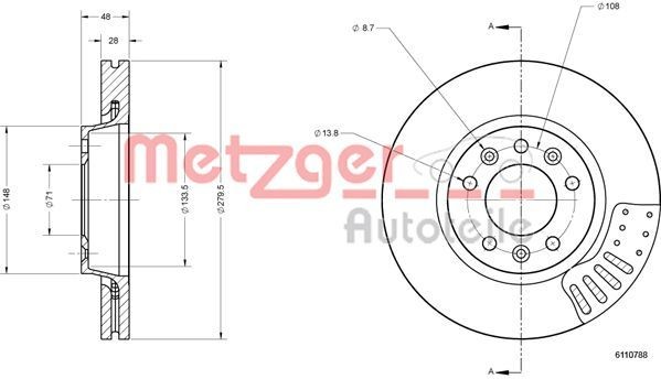 METZGER 6110788: Piduriketas esisild vasakul, esisild paremal, Ø: 280mm, sisemine õhutus, Ø: 280mm, värvitud, Ristlihvimine, koos kruvidega