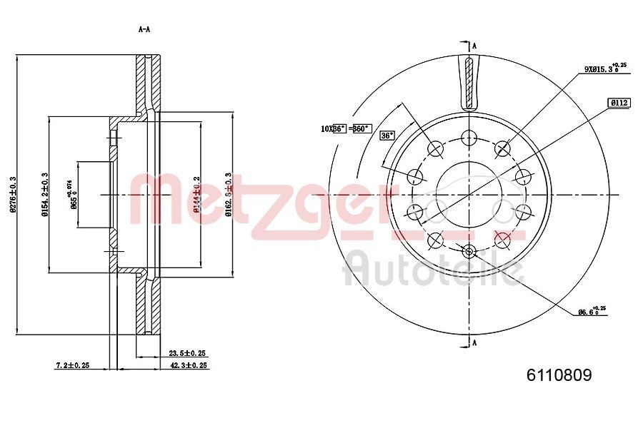 METZGER 6110809: Piduriketas esisild vasakul, esisild paremal, Ø: 275mm, sisemine õhutus, Ø: 275mm, värvitud, Ristlihvimine, koos kruvidega