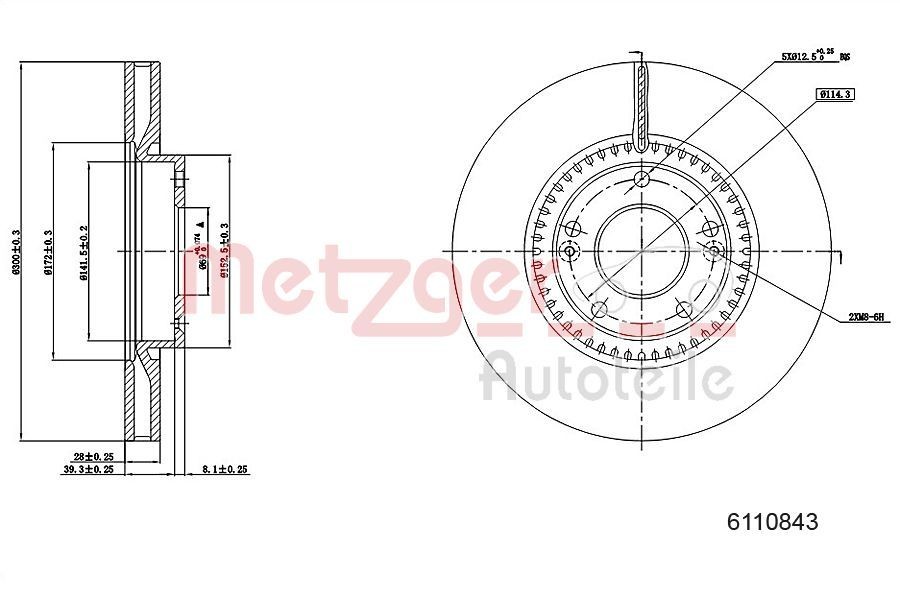 METZGER 6110843: Piduriketas esisild vasakul, esisild paremal, Ø: 300mm, sisemine õhutus, Ø: 300mm, värvitud, Ristlihvimine, koos kruvidega