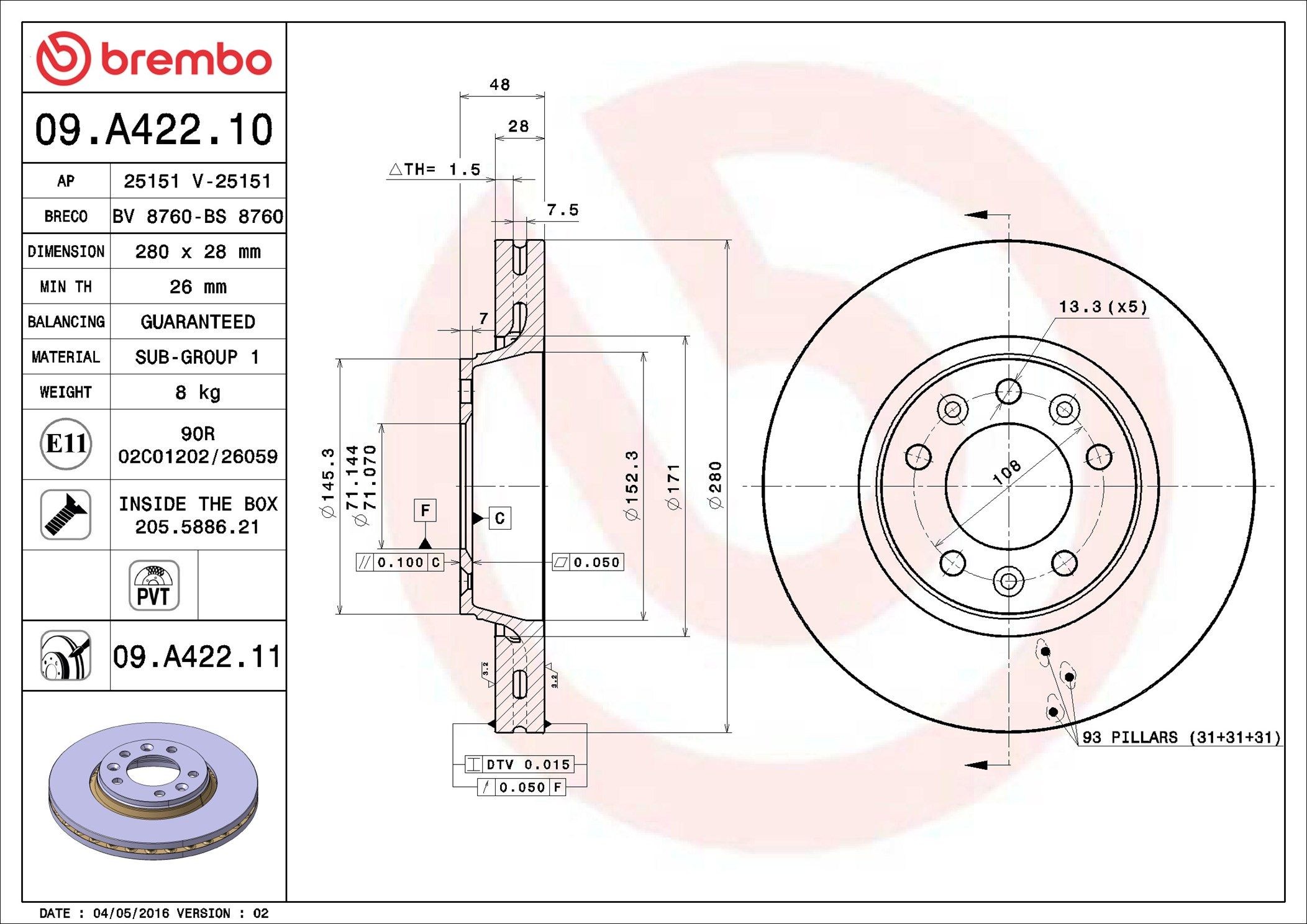BREMBO 09.A422.11: Piduriketas PRIME LINE - UV Coated Ø: 280mm, sisemine õhutus, Ø: 280mm, kaetud, koos kruvidega